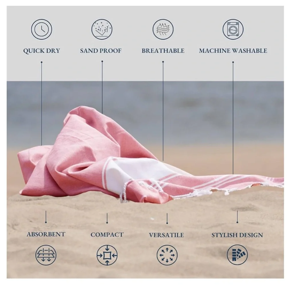 Lane Linen Turkish Beach Towel Pink and White Candy Pink Striped Towel w Tassels
